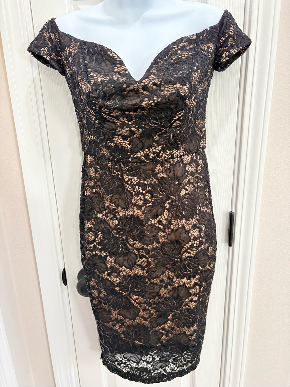 Bisou Bisou Black Lace One-Shoulder Bodycon Dress with Nude Lining